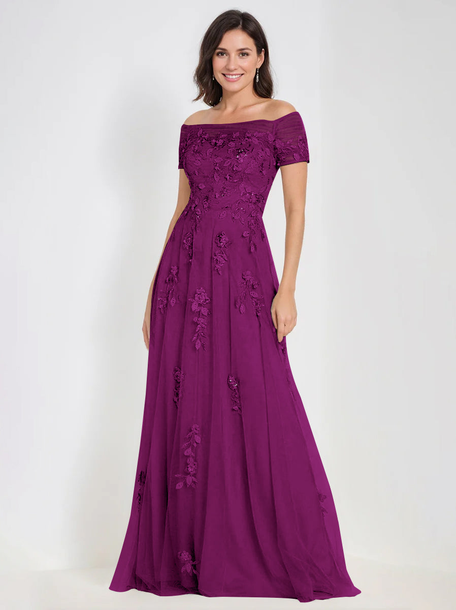 Sleeveless Off-the-Shoulder A-Line Dresses for Mother of the Bride & Groom with Appliques-BMbridal
