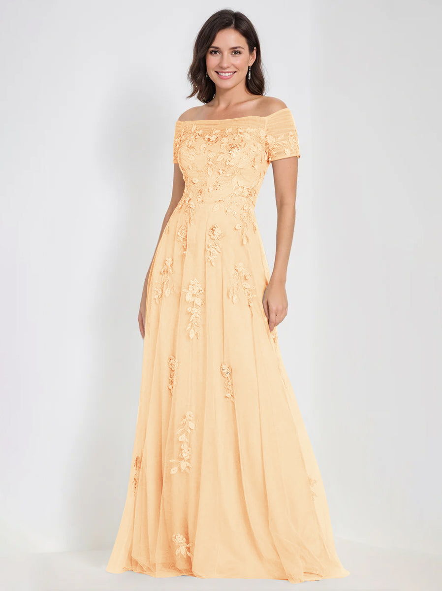 Sleeveless Off-the-Shoulder A-Line Dresses for Mother of the Bride & Groom with Appliques-BMbridal