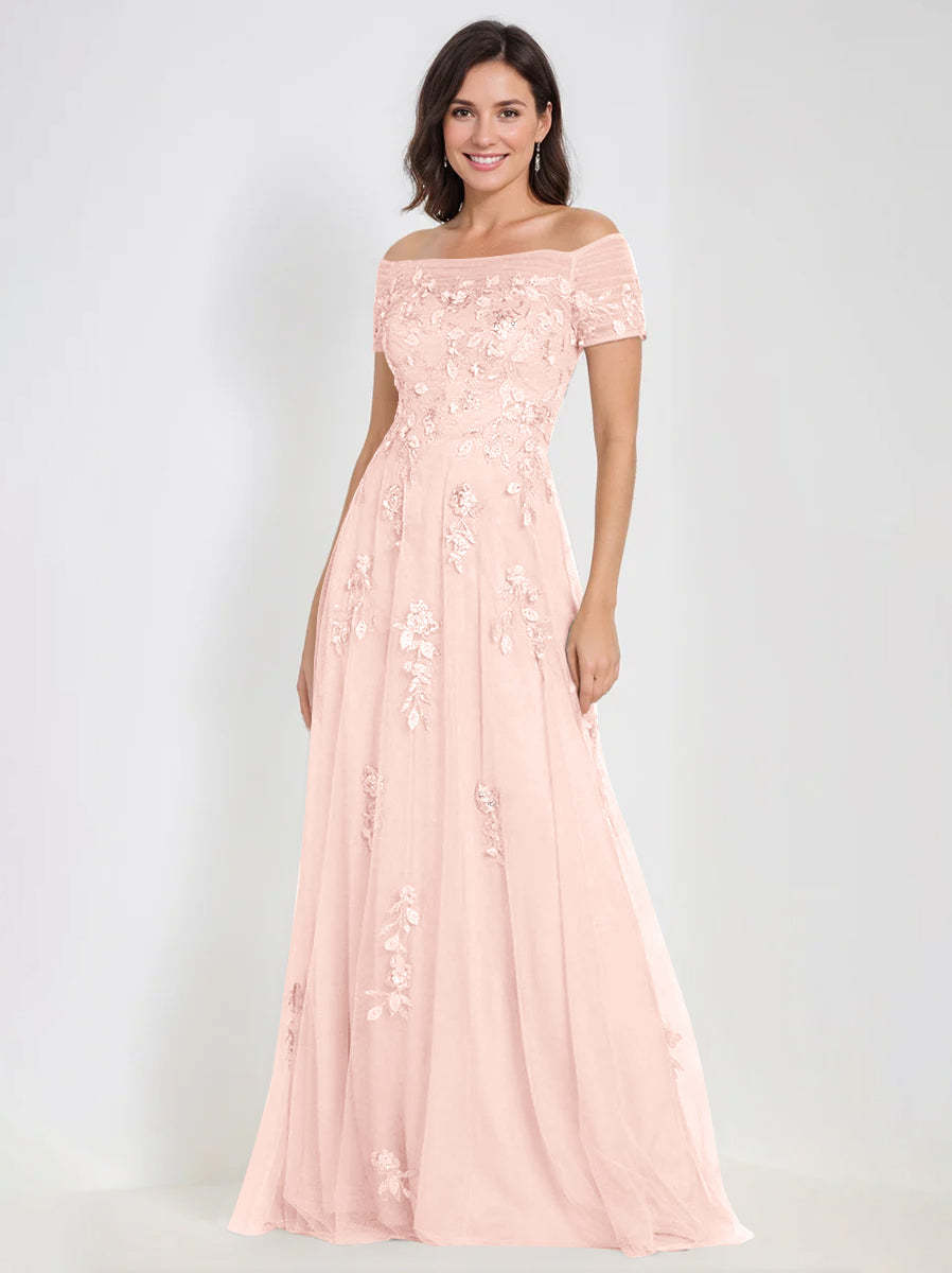 Sleeveless Off-the-Shoulder A-Line Dresses for Mother of the Bride & Groom with Appliques-BMbridal