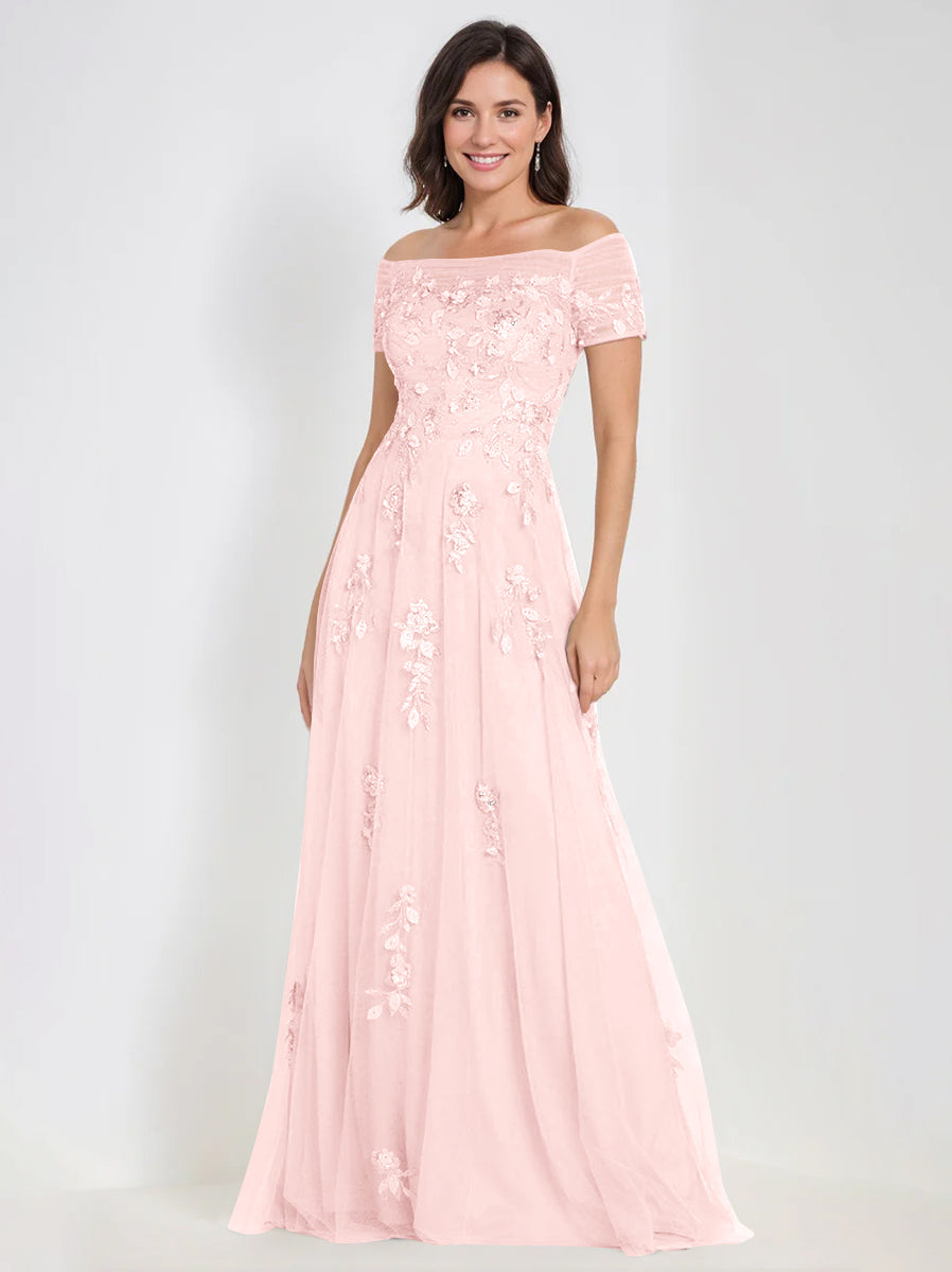 Sleeveless Off-the-Shoulder A-Line Dresses for Mother of the Bride & Groom with Appliques-BMbridal