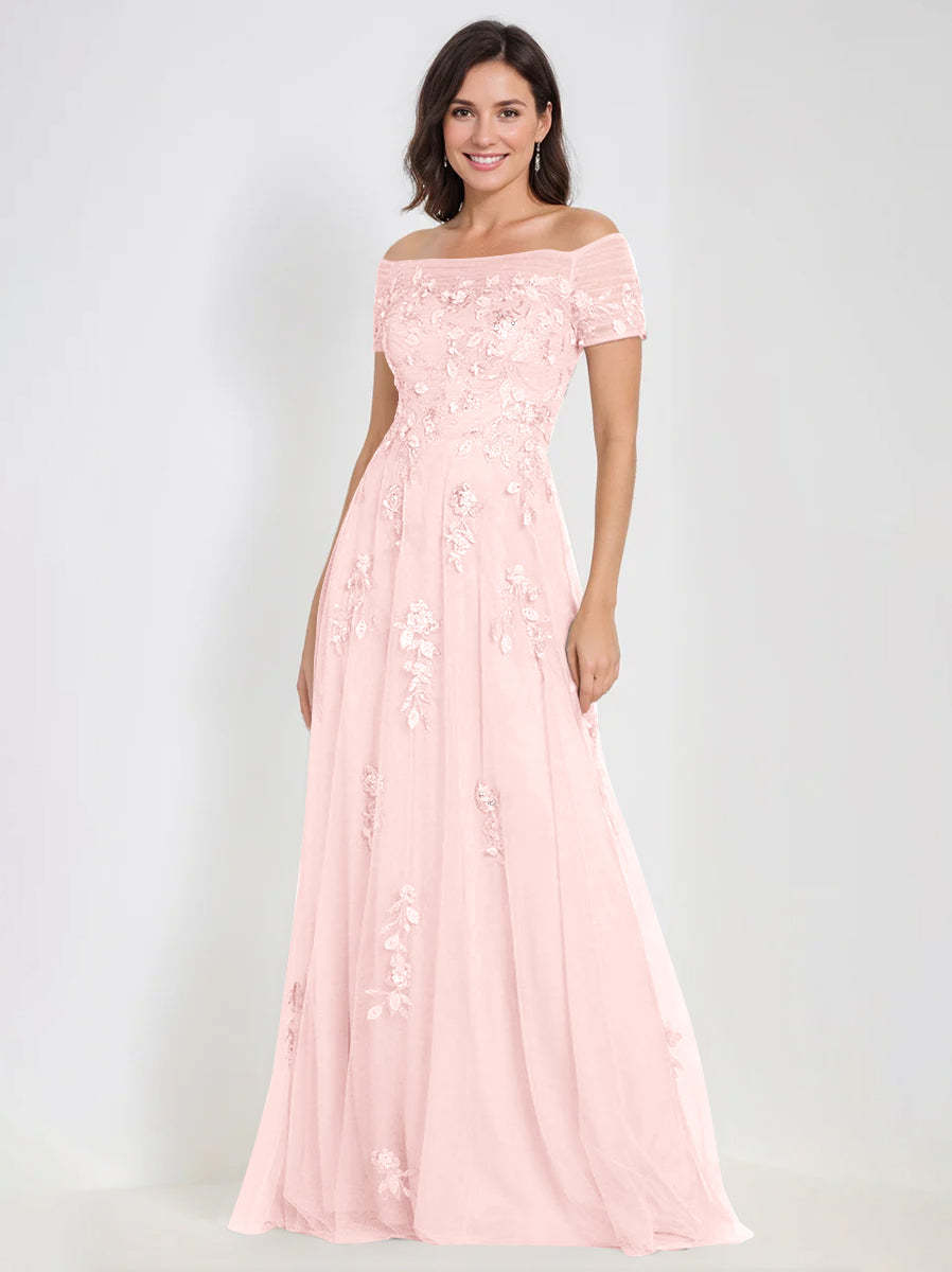 Sleeveless Off-the-Shoulder A-Line Dresses for Mother of the Bride & Groom with Appliques-BMbridal