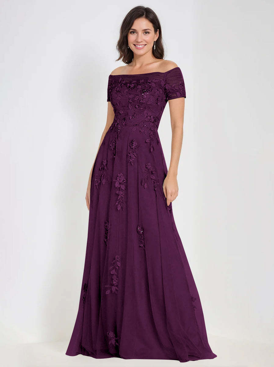 Sleeveless Off-the-Shoulder A-Line Dresses for Mother of the Bride & Groom with Appliques-BMbridal