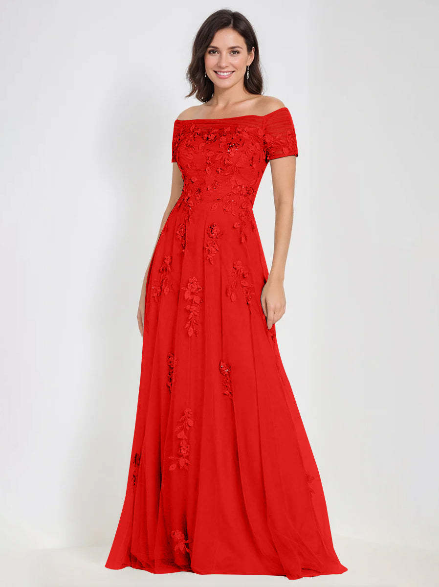 Sleeveless Off-the-Shoulder A-Line Dresses for Mother of the Bride & Groom with Appliques-BMbridal
