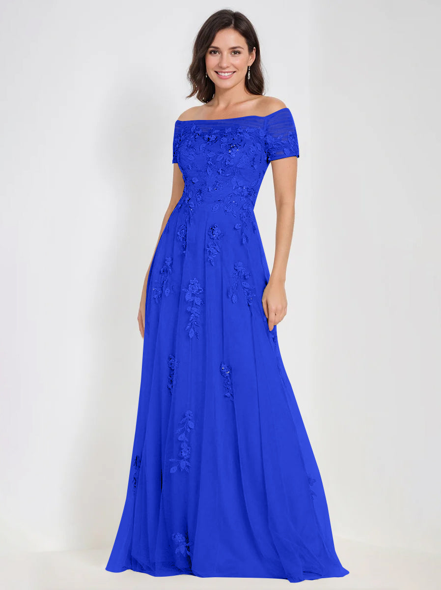 Sleeveless Off-the-Shoulder A-Line Dresses for Mother of the Bride & Groom with Appliques-BMbridal