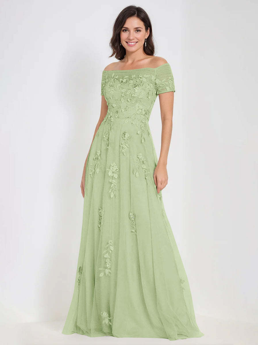 Sleeveless Off-the-Shoulder A-Line Dresses for Mother of the Bride & Groom with Appliques-BMbridal