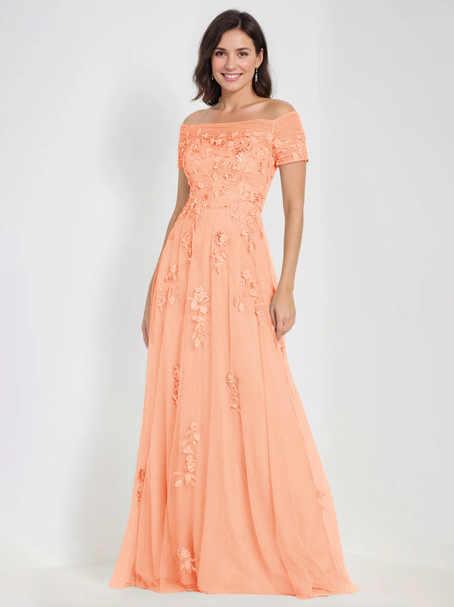 Sleeveless Off-the-Shoulder A-Line Dresses for Mother of the Bride & Groom with Appliques-BMbridal