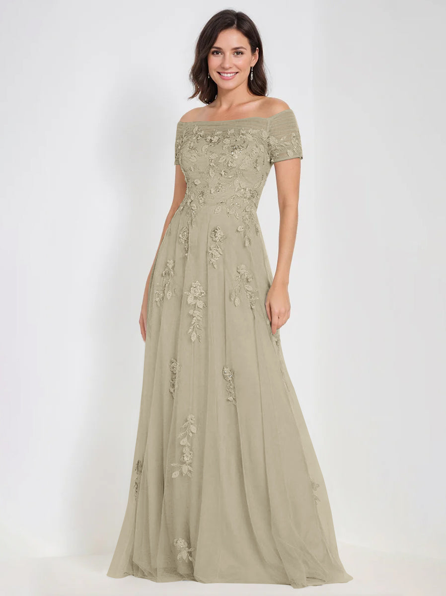 Sleeveless Off-the-Shoulder A-Line Dresses for Mother of the Bride & Groom with Appliques-BMbridal