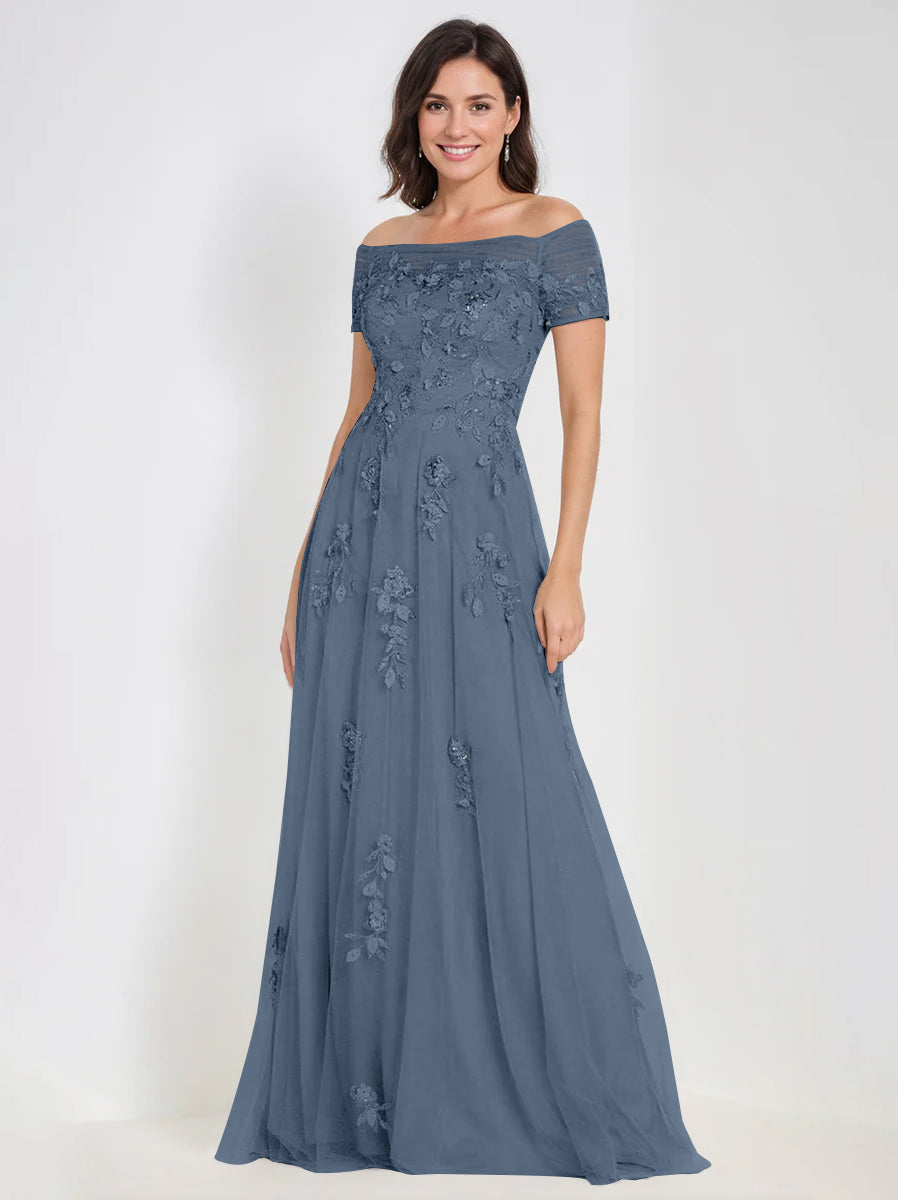 Sleeveless Off-the-Shoulder A-Line Dresses for Mother of the Bride & Groom with Appliques-BMbridal