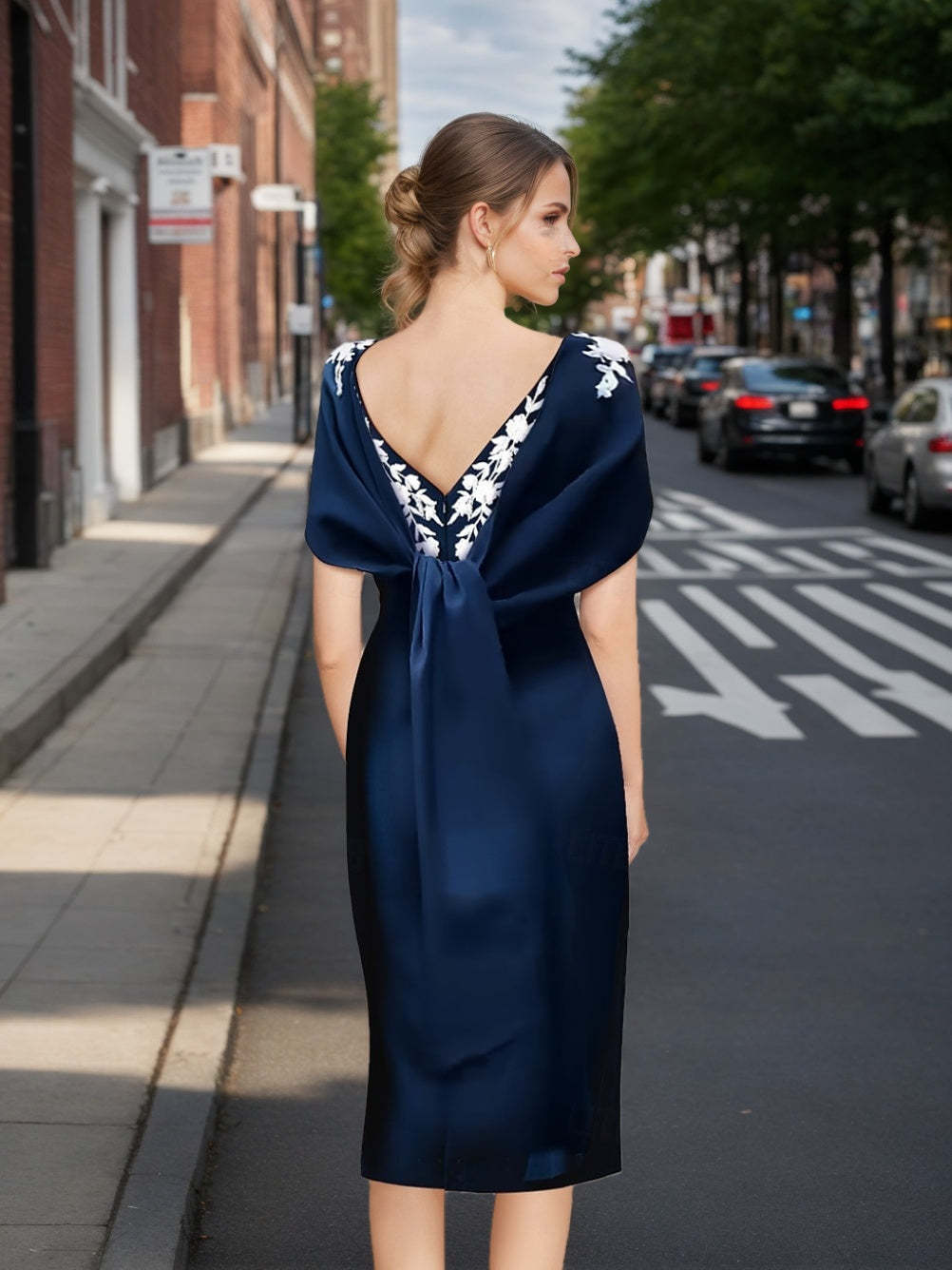 Off-the-Shoulder Short Sleeve Sheath/Column Tea-Length Mother of the Bride Dress with Appliques Embroidery Bowknot & Pearls-BMbridal