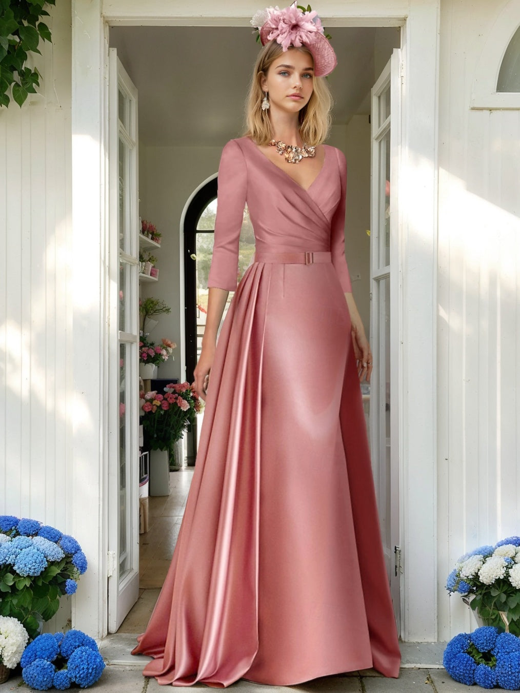 Princess V-Neck A-Line Floor-Length Mother of the Bride Dress with 3/4 Sleeves Pleats & Ruching-BMbridal