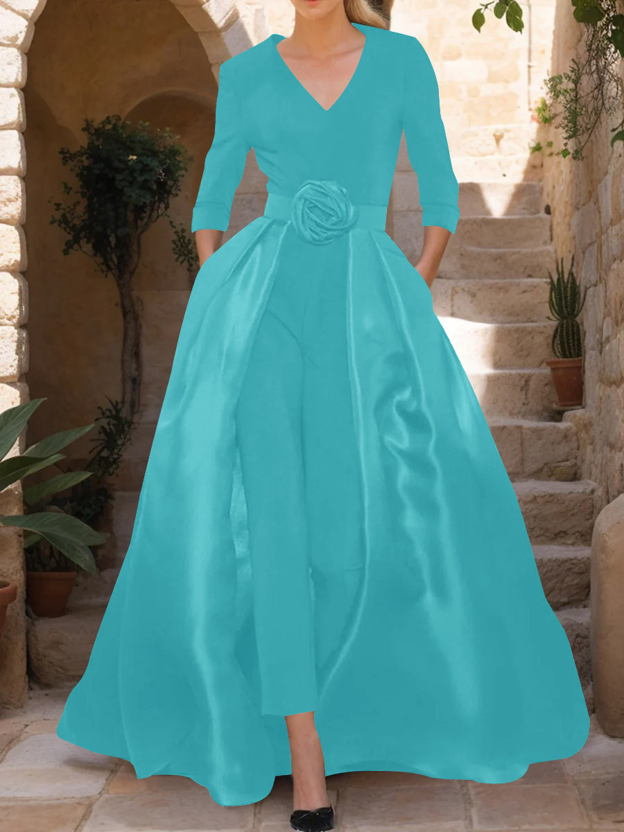 Mother of the Bride V-Neck Pantsuit with 3/4 Sleeves and Flower Belt
