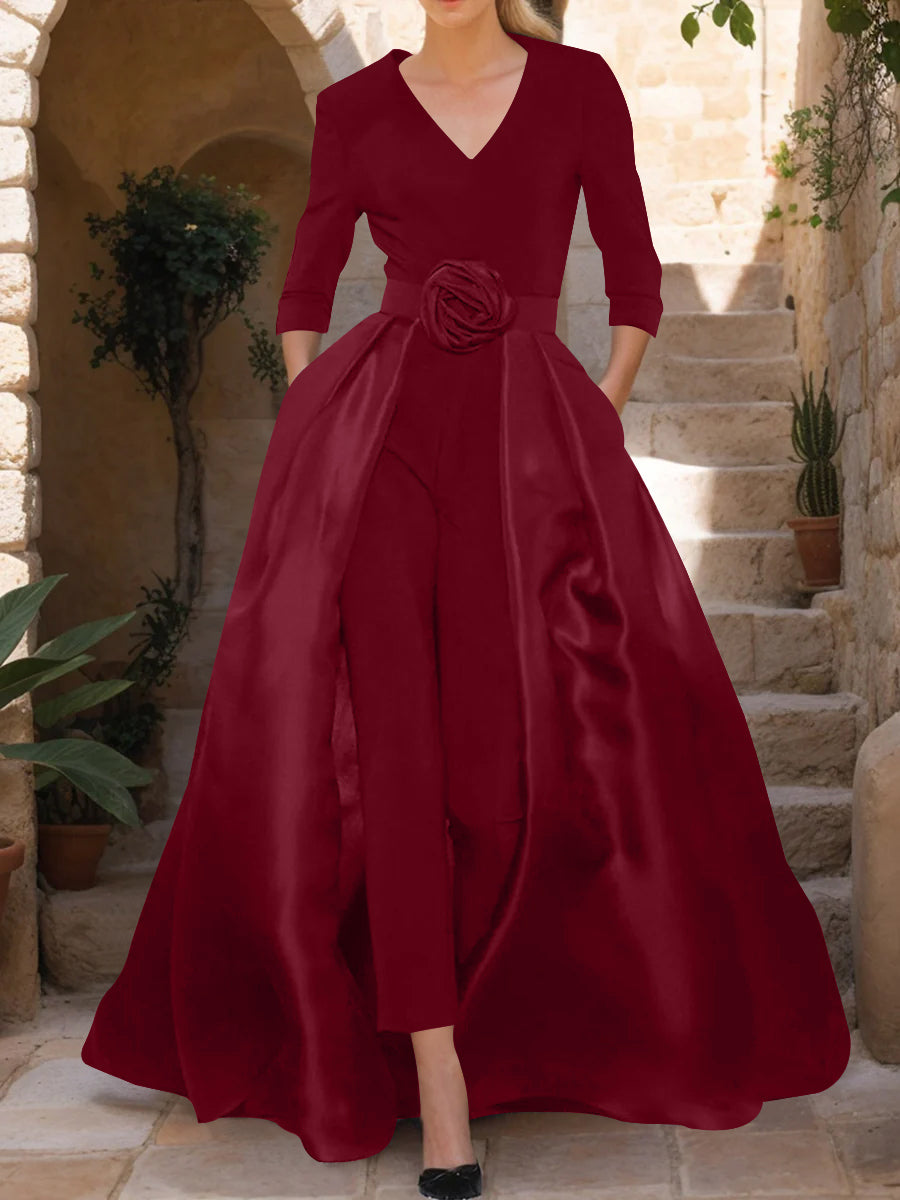 Mother of the Bride V-Neck Pantsuit with 3/4 Sleeves and Flower Belt