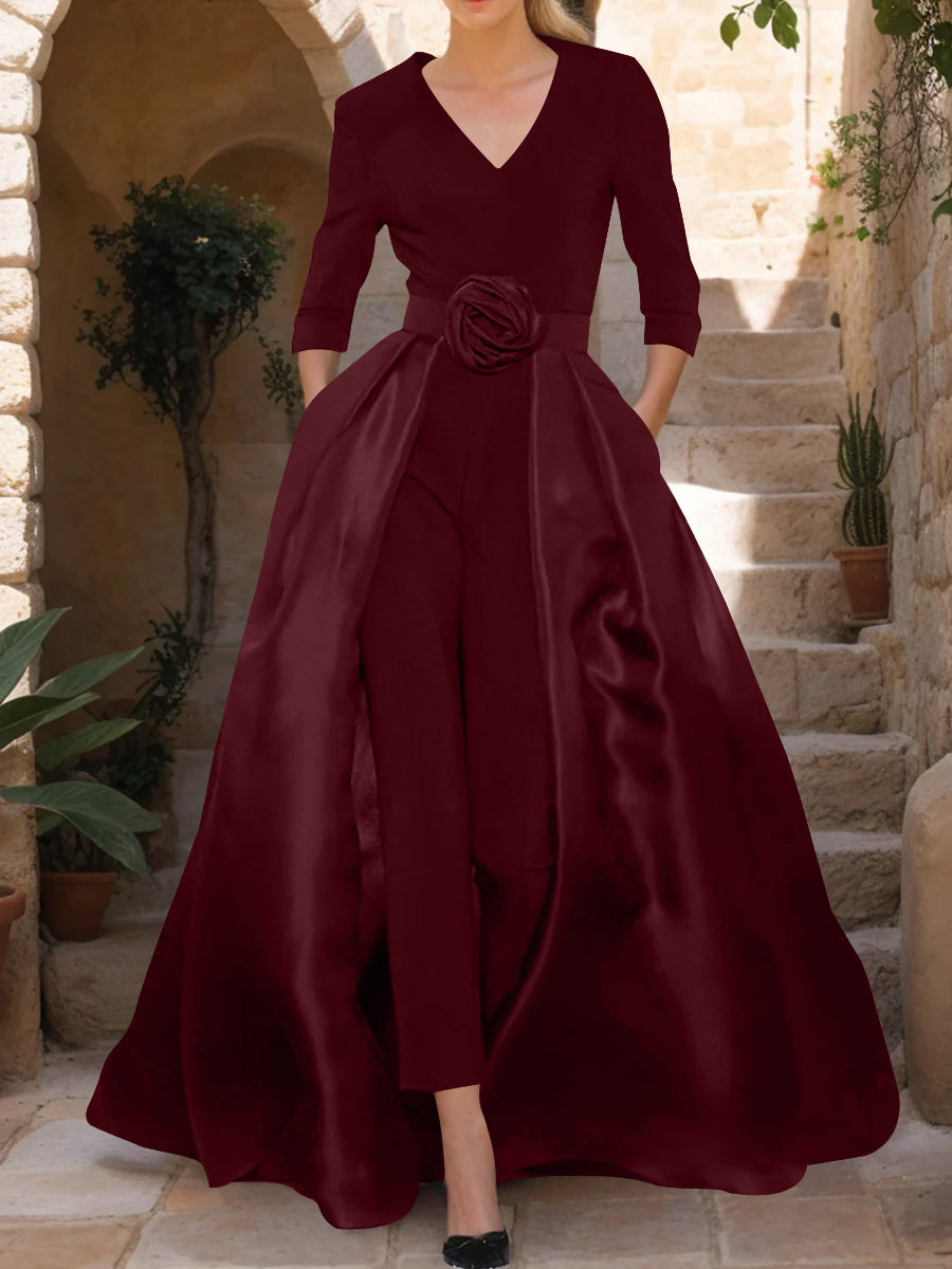 Mother of the Bride V-Neck Pantsuit with 3/4 Sleeves and Flower Belt