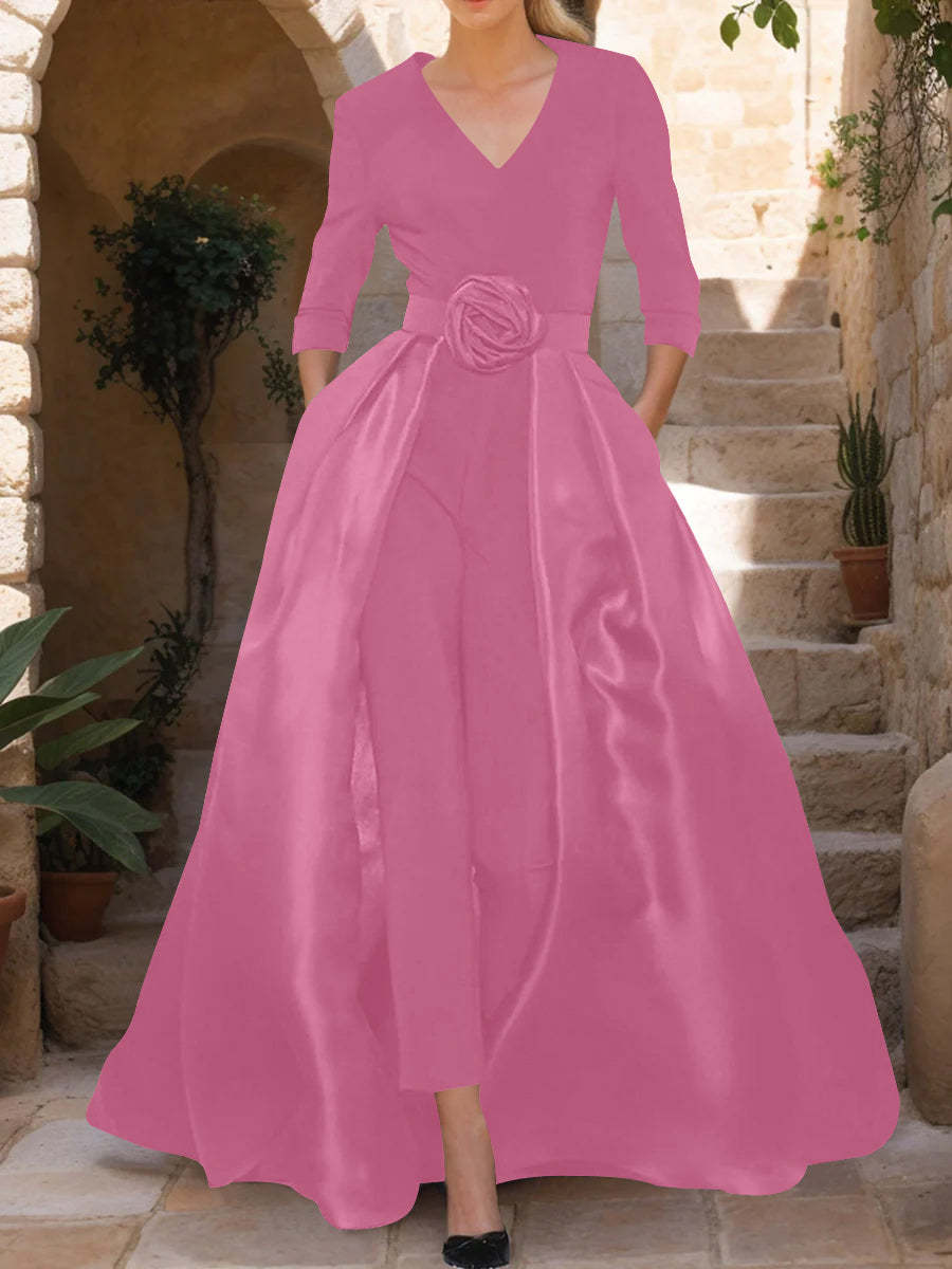 Mother of the Bride V-Neck Pantsuit with 3/4 Sleeves and Flower Belt