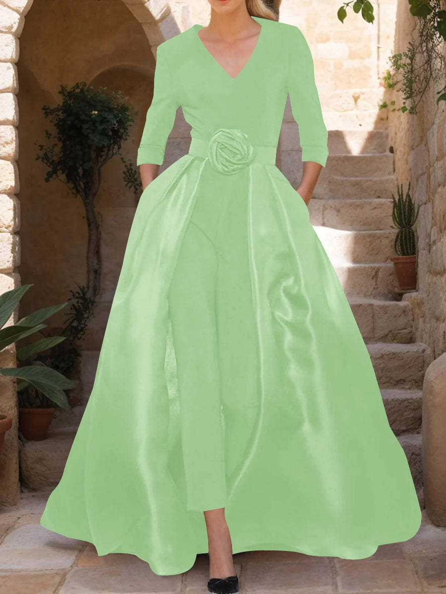Mother of the Bride V-Neck Pantsuit with 3/4 Sleeves and Flower Belt