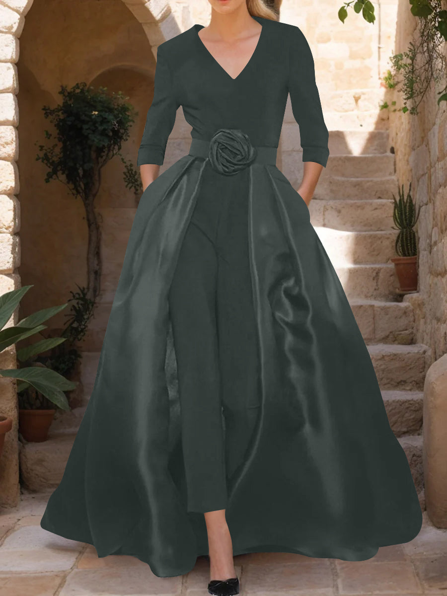 Mother of the Bride V-Neck Pantsuit with 3/4 Sleeves and Flower Belt