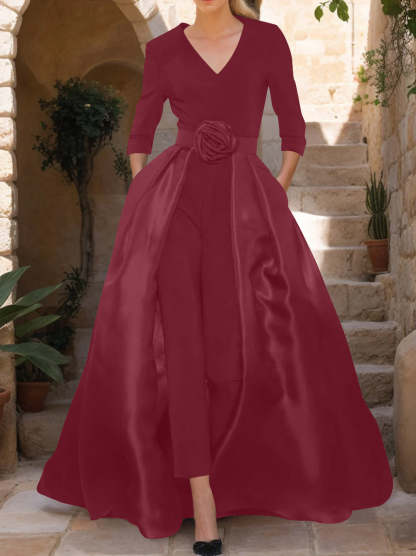 Mother of the Bride V-Neck Pantsuit with 3/4 Sleeves and Flower Belt