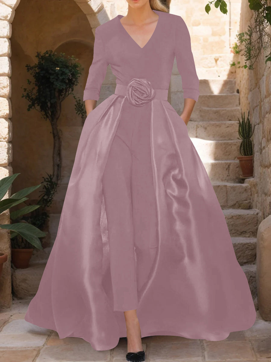 Mother of the Bride V-Neck Pantsuit with 3/4 Sleeves and Flower Belt