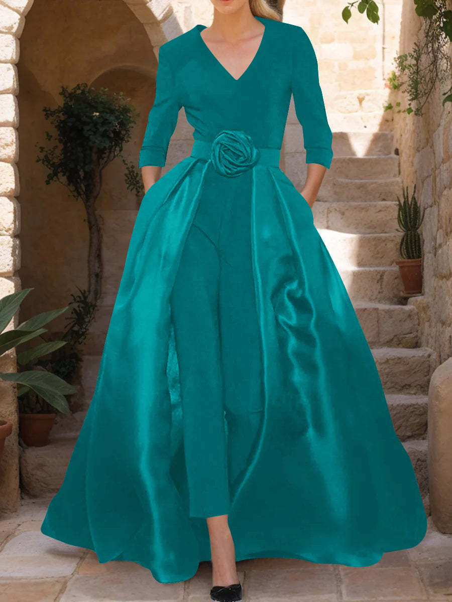Mother of the Bride V-Neck Pantsuit with 3/4 Sleeves and Flower Belt