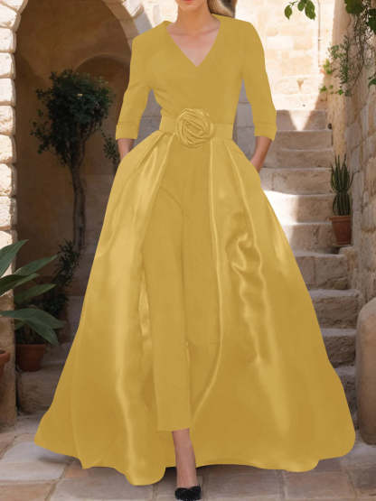 Mother of the Bride V-Neck Pantsuit with 3/4 Sleeves and Flower Belt