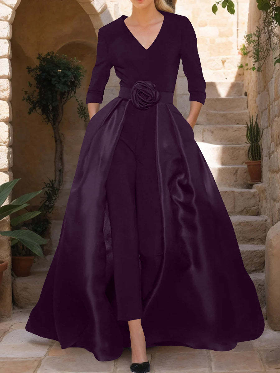 Mother of the Bride V-Neck Pantsuit with 3/4 Sleeves and Flower Belt