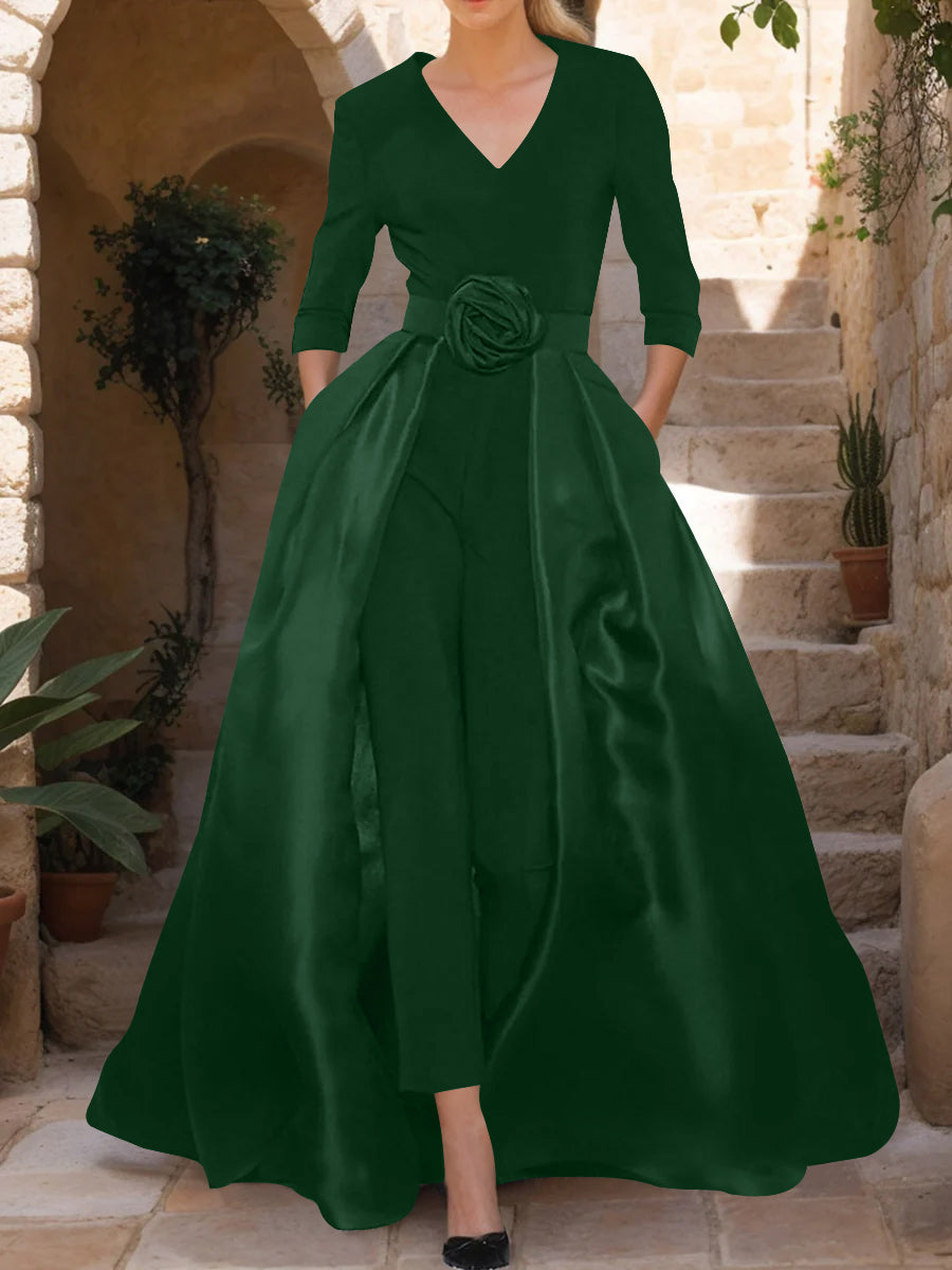 Mother of the Bride V-Neck Pantsuit with 3/4 Sleeves and Flower Belt