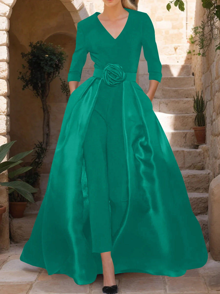 Mother of the Bride V-Neck Pantsuit with 3/4 Sleeves and Flower Belt