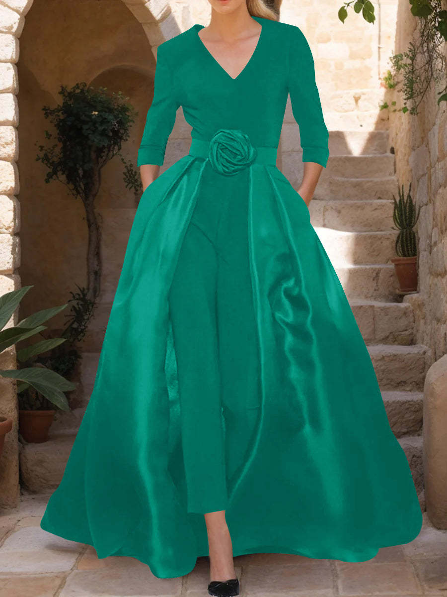 Mother of the Bride V-Neck Pantsuit with 3/4 Sleeves and Flower Belt