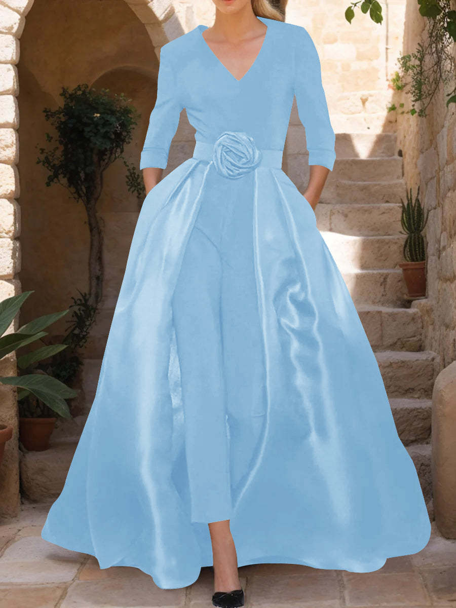Mother of the Bride V-Neck Pantsuit with 3/4 Sleeves and Flower Belt