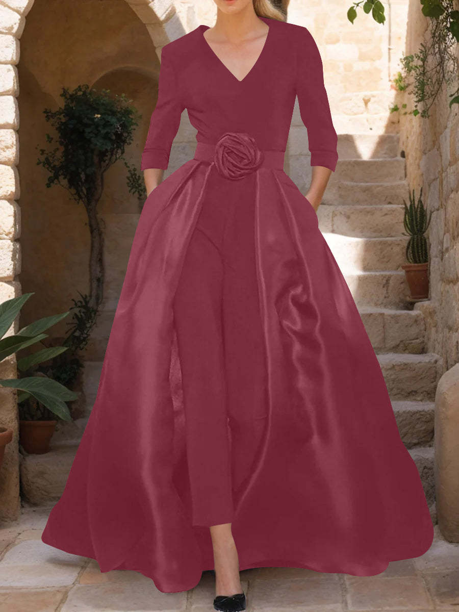 Mother of the Bride V-Neck Pantsuit with 3/4 Sleeves and Flower Belt