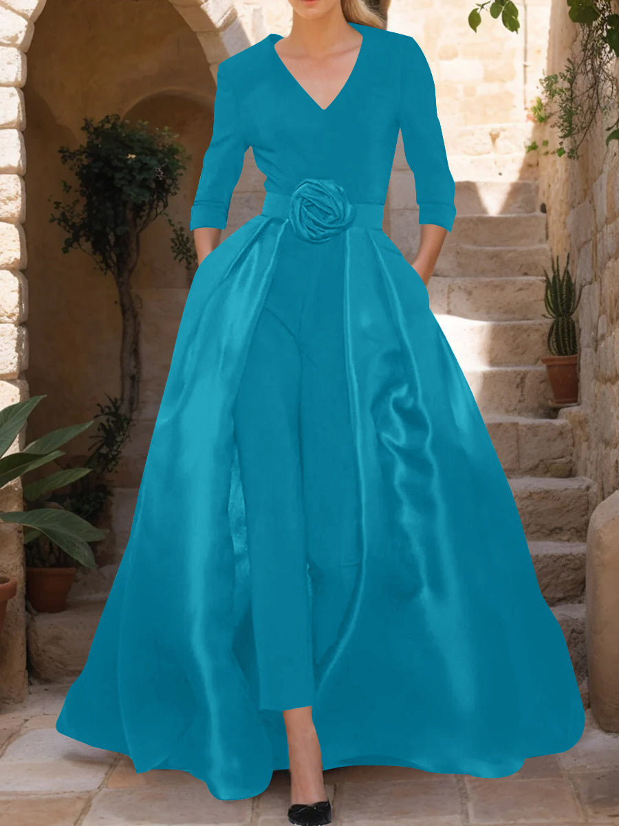 Mother of the Bride V-Neck Pantsuit with 3/4 Sleeves and Flower Belt
