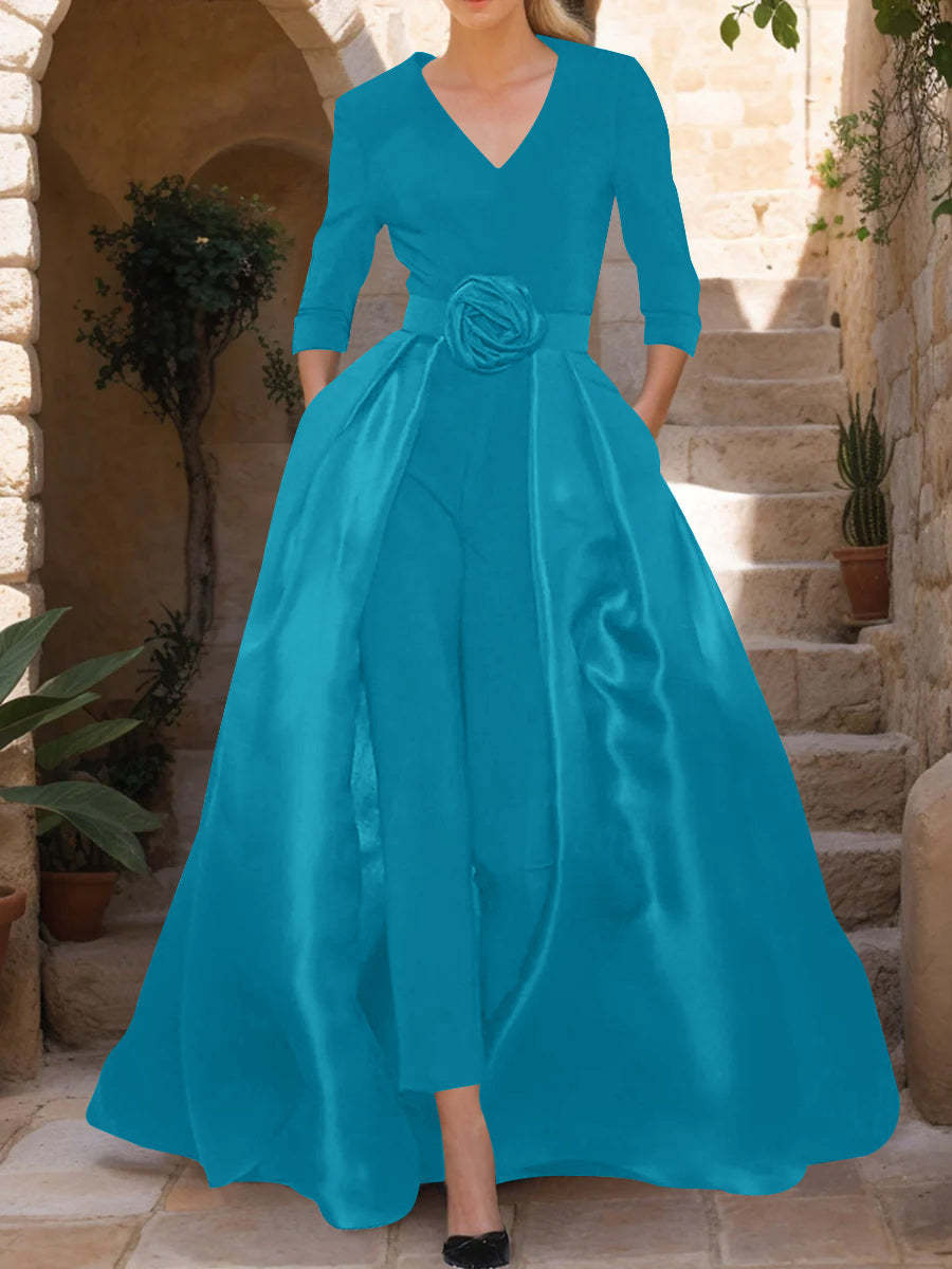 Mother of the Bride V-Neck Pantsuit with 3/4 Sleeves and Flower Belt