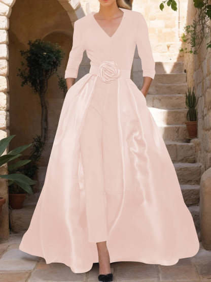 Mother of the Bride V-Neck Pantsuit with 3/4 Sleeves and Flower Belt