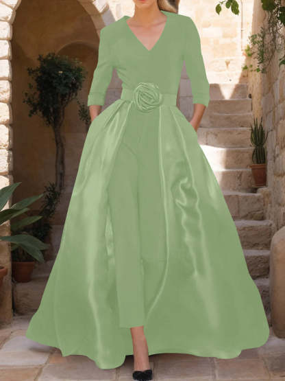Mother of the Bride V-Neck Pantsuit with 3/4 Sleeves and Flower Belt