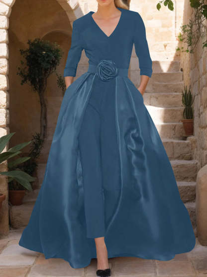 Mother of the Bride V-Neck Pantsuit with 3/4 Sleeves and Flower Belt