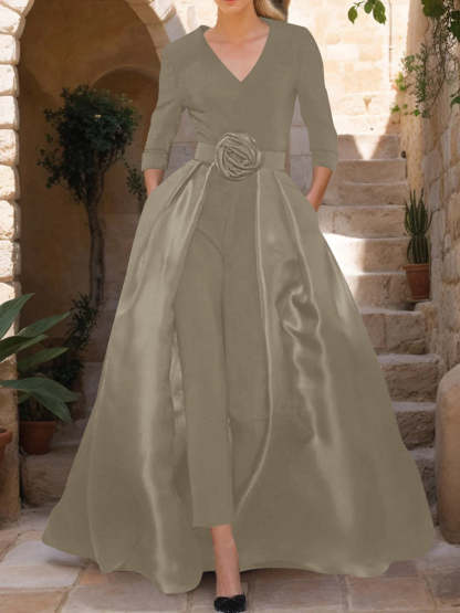 Mother of the Bride V-Neck Pantsuit with 3/4 Sleeves and Flower Belt