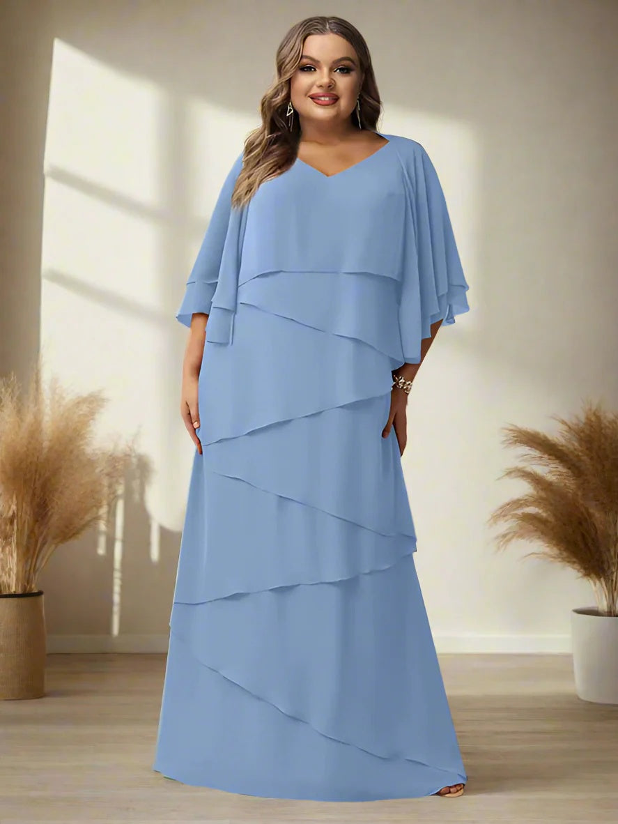 V-Neck A-Line Princess Floor-Length Mother of the Bride Dress with Half Sleeves and Ruffles in Regular & Plus Sizes-BMbridal