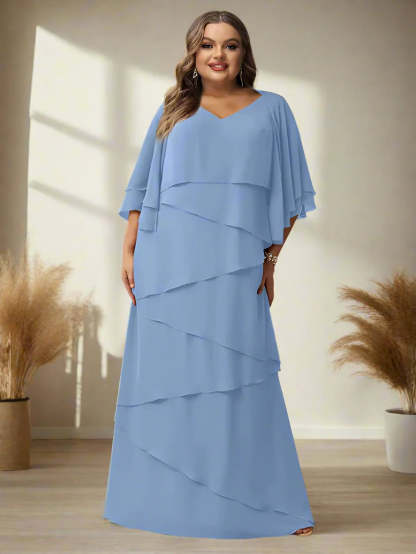 V-Neck A-Line Princess Floor-Length Mother of the Bride Dress with Half Sleeves and Ruffles in Regular & Plus Sizes-BMbridal