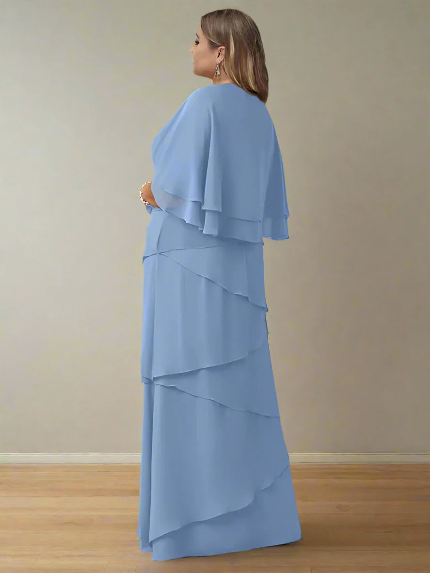 V-Neck A-Line Princess Floor-Length Mother of the Bride Dress with Half Sleeves and Ruffles in Regular & Plus Sizes-BMbridal