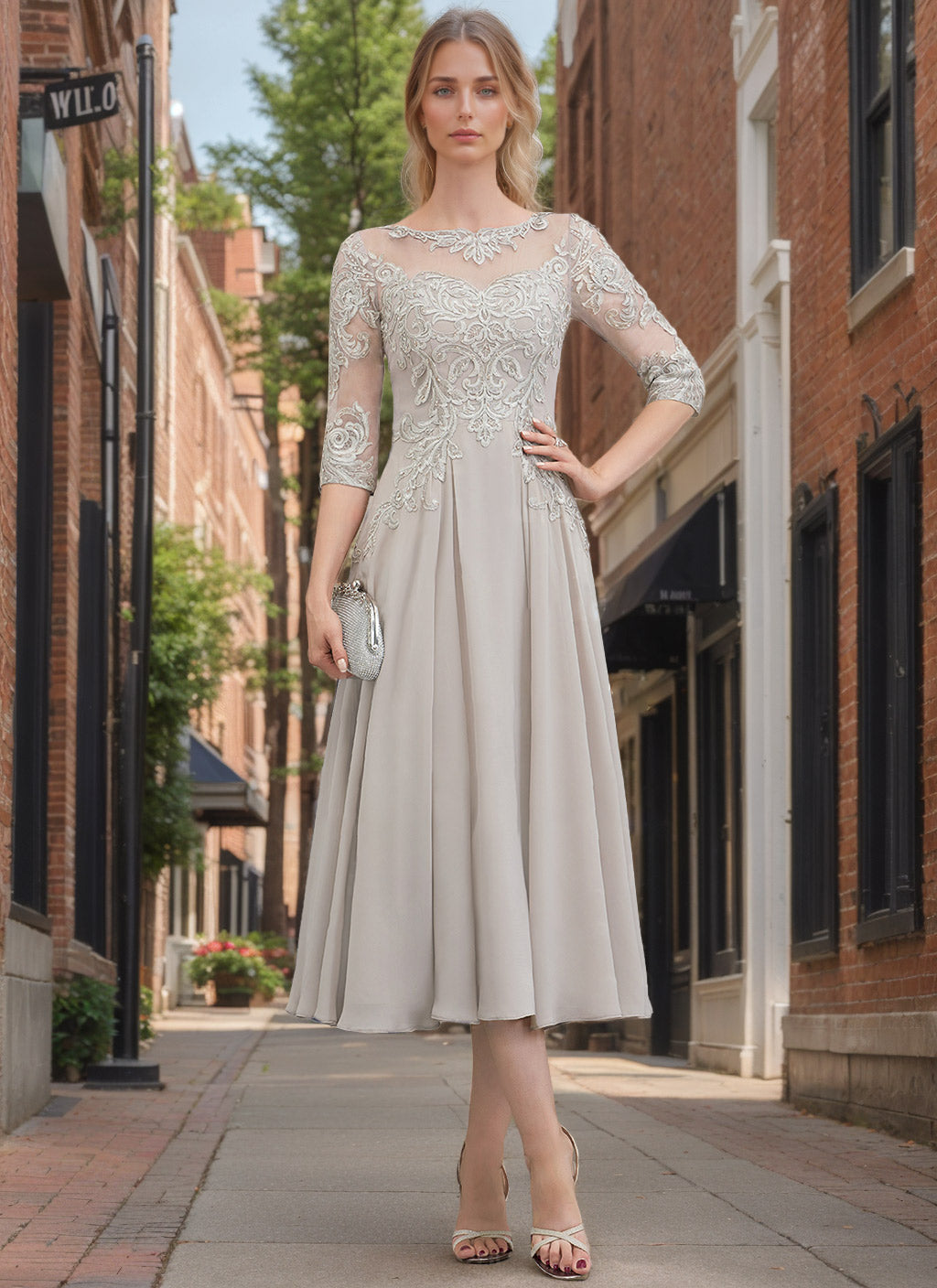 Princess A-Line Scoop Neck Tea-Length Mother of the Bride Dress with Lace and Appliques-BMbridal