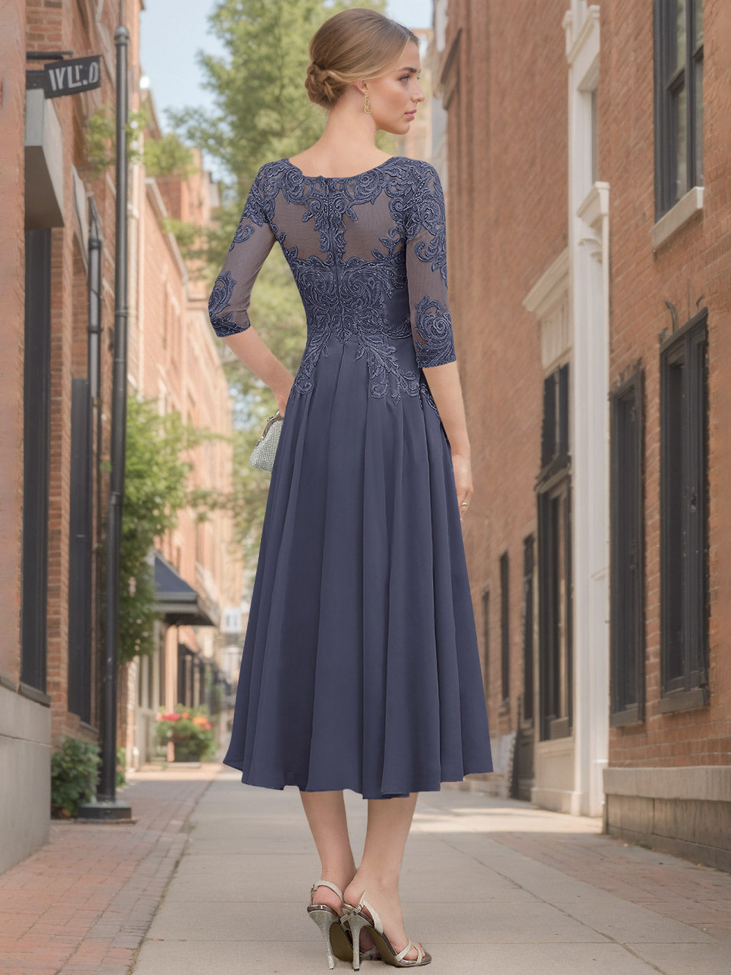 Princess A-Line Scoop Neck Tea-Length Mother of the Bride Dress with Lace and Appliques-BMbridal