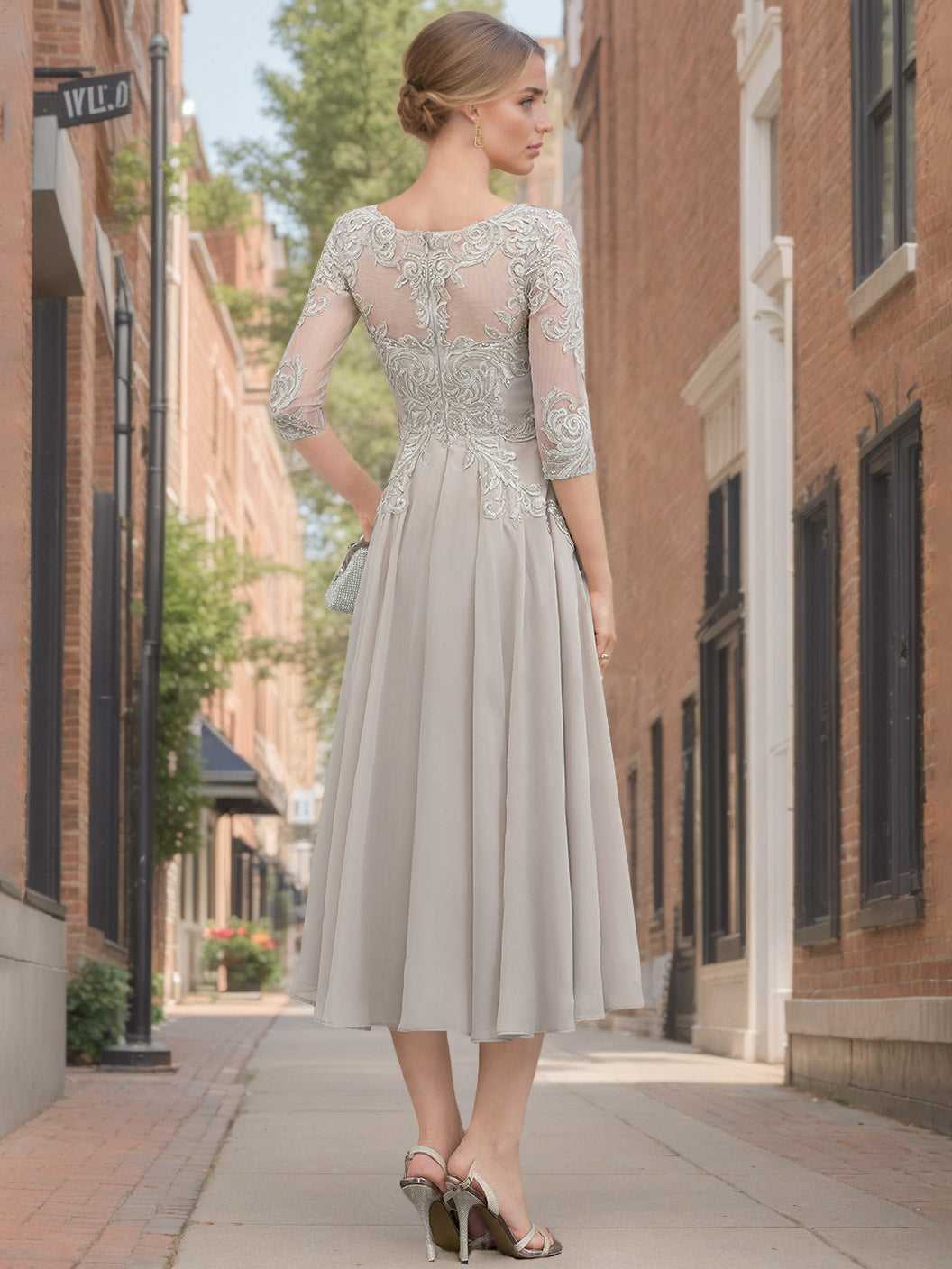 Princess A-Line Scoop Neck Tea-Length Mother of the Bride Dress with Lace and Appliques-BMbridal