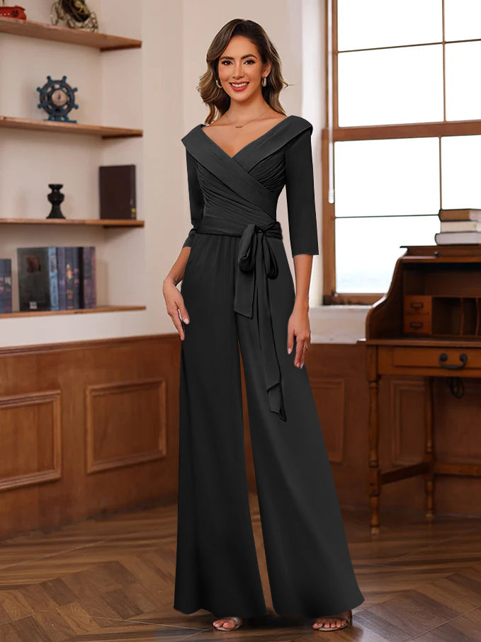 V-Neck Chiffon Jumpsuit with Ruched Detail and 3/4 Sleeves for the Mother-BMbridal