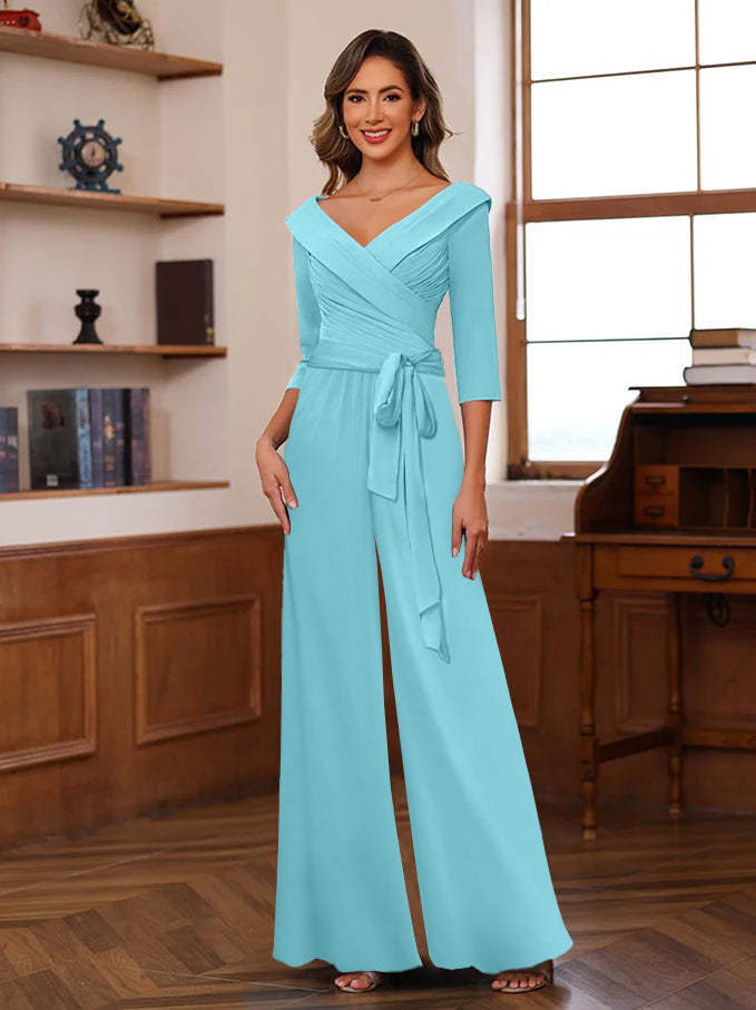 V-Neck Chiffon Jumpsuit with Ruched Detail and 3/4 Sleeves for the Mother-BMbridal
