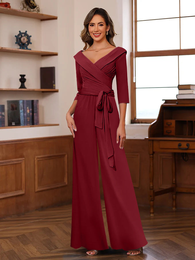 V-Neck Chiffon Jumpsuit with Ruched Detail and 3/4 Sleeves for the Mother-BMbridal