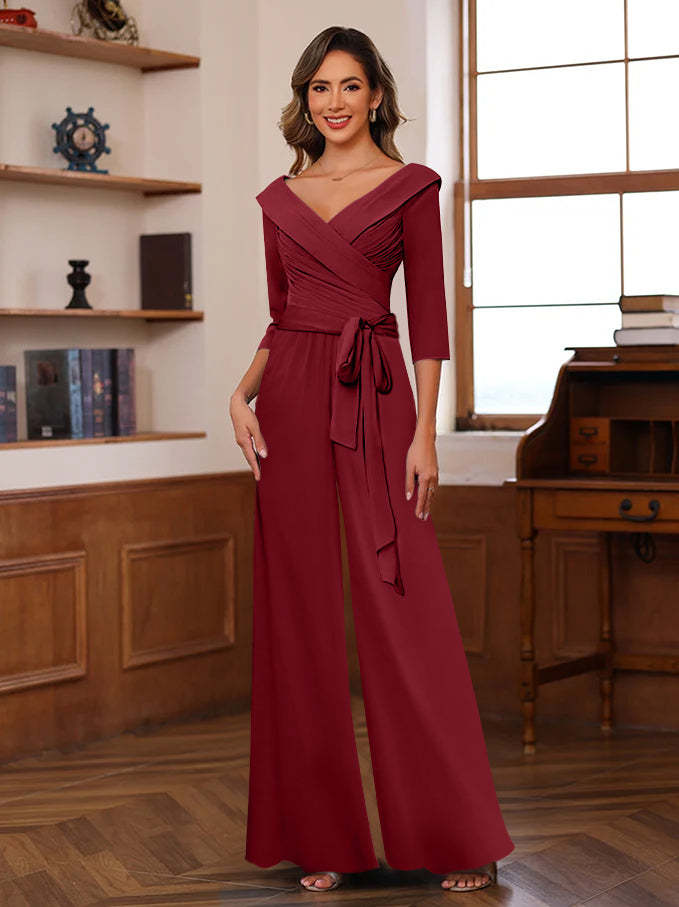 V-Neck Chiffon Jumpsuit with Ruched Detail and 3/4 Sleeves for the Mother-BMbridal