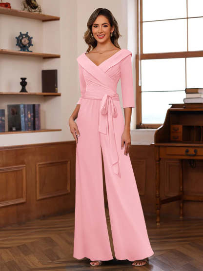 V-Neck Chiffon Jumpsuit with Ruched Detail and 3/4 Sleeves for the Mother-BMbridal