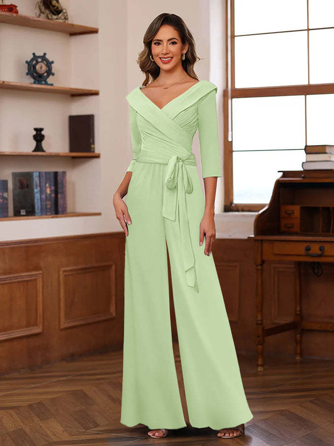 V-Neck Chiffon Jumpsuit with Ruched Detail and 3/4 Sleeves for the Mother-BMbridal