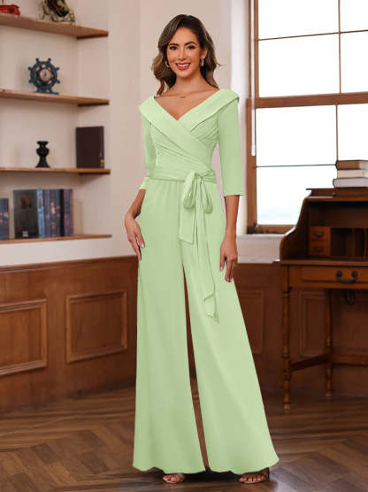 V-Neck Chiffon Jumpsuit with Ruched Detail and 3/4 Sleeves for the Mother-BMbridal
