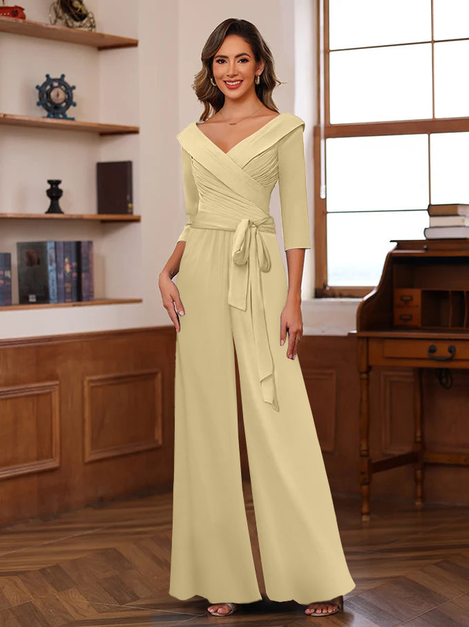 V-Neck Chiffon Jumpsuit with Ruched Detail and 3/4 Sleeves for the Mother-BMbridal